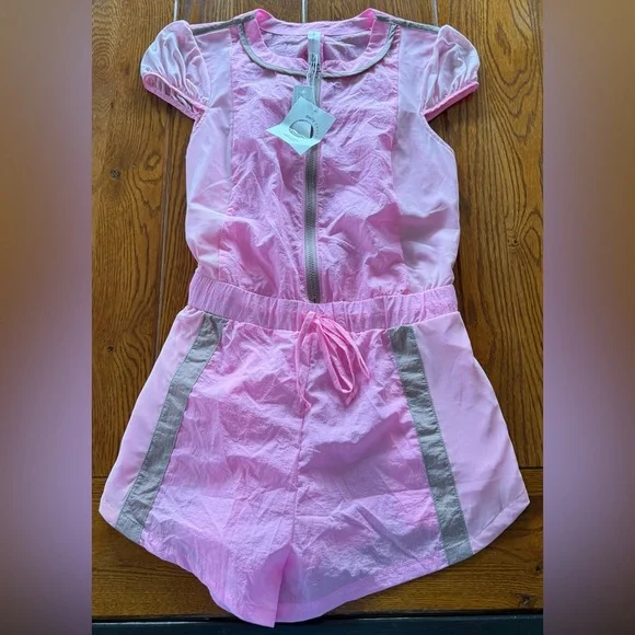 🆕 Daily Practice Puff Sleeve Front Zip Pink and Tan Short Sleeve Romper - Picture 5 of 13